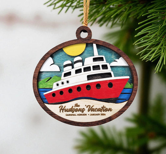 Custom Cruise Ship Christmas Ornament – Personalized 4" Wooden Keepsake with Ship Name, Cruise Dates & Family Name, Gift-Ready