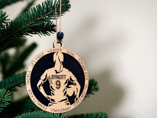 Personalized Soccer Ornament – Engraved Wooden 4" Keepsake with Name, Number & Year, Gift-Boxed