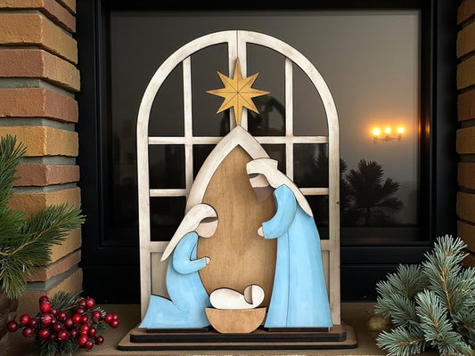 Wooden Nativity Shelf Sitter – Arched Frame,  Hand-Painted Christmas Mantle Décor