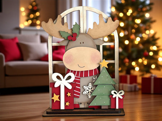 Handmade Rustic Moose Mantle Décor – Wooden Laser Cut & Hand Painted Christmas Shelf Sitter