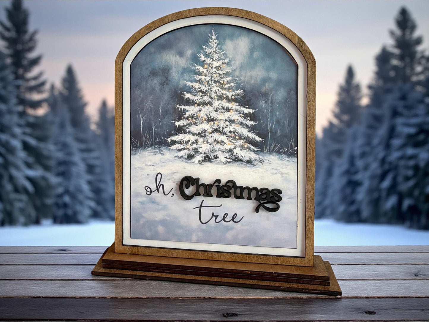 Wooden O Christmas Tree Mantle Décor – Arched or Square Frame, Shelf Sitter