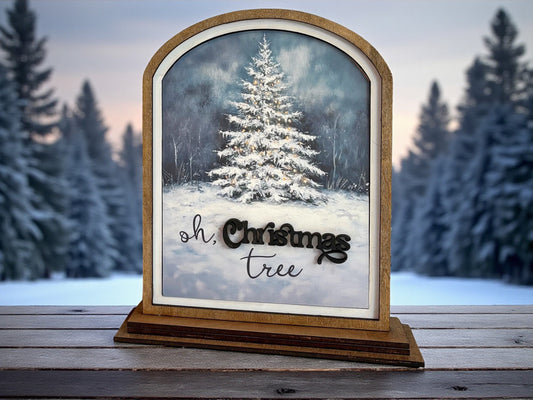 Wooden O Christmas Tree Mantle Décor – Arched or Square Frame, Shelf Sitter