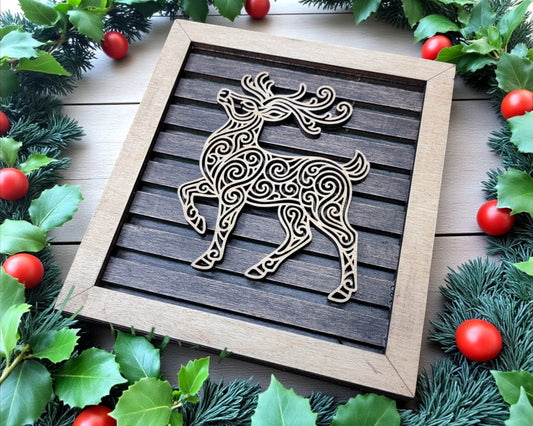 Reindeer Line Art Wood Christmas Decor – Handmade Laser Cut Holiday Wall Art or Mantle Display, Multiple Sizes