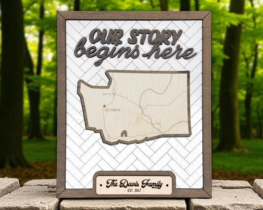 Washington “Our Story Begins Here” Wooden Sign – Personalized Family Name Gift with Easel – Rustic Home Decor