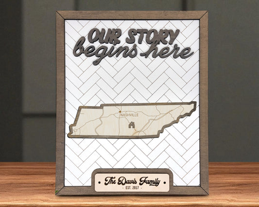 Tennessee “Our Story Begins Here” Wooden Sign – Personalized Family Name Gift with Easel – Rustic Home Decor