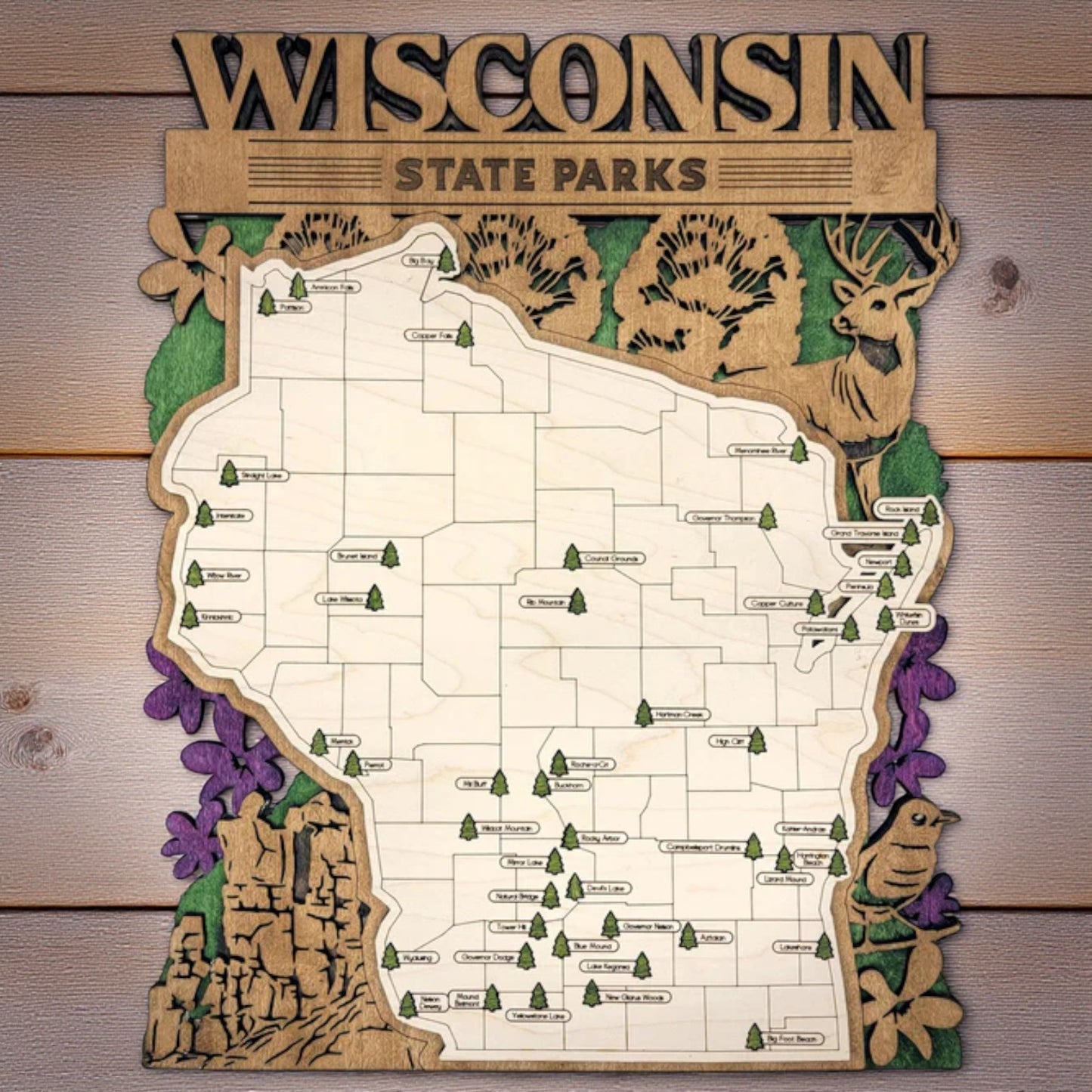 Personalized Wisconsin State Parks Map Tracker – Custom Name Wooden Travel Keepsake
