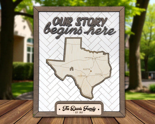 Texas “Our Story Begins Here” Wooden Sign – Personalized State Sign with Family Name – Rustic Gift with Easel