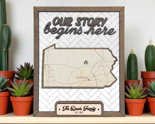 Pennsylvania “Our Story Begins Here” Wooden Sign – Personalized State Sign with Family Name – Rustic Gift with Easel